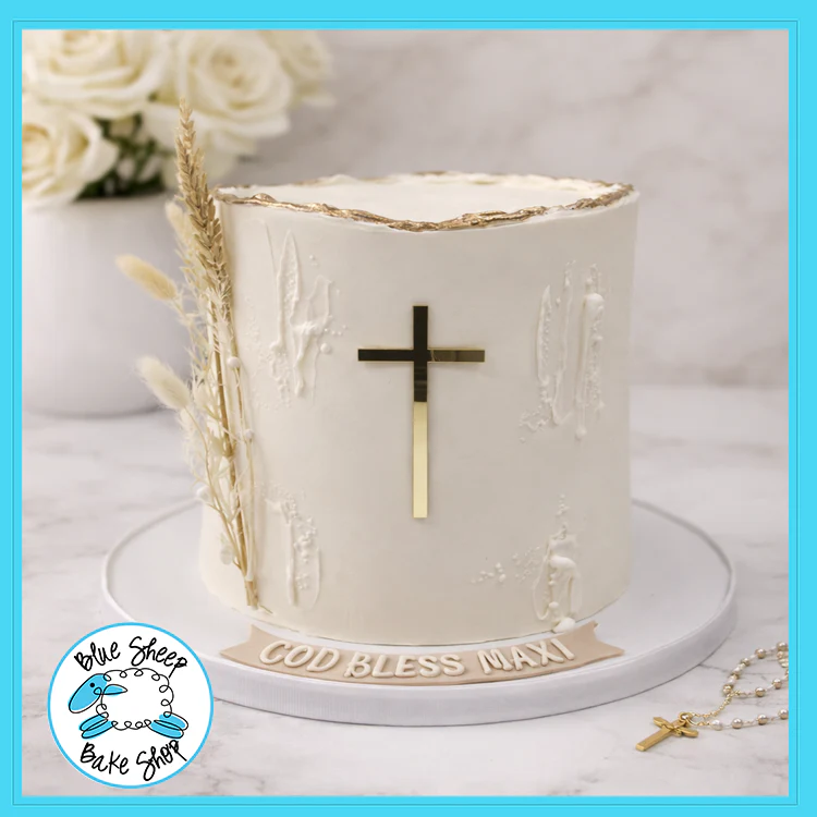 Elegant Cross Confirmation Cake with Gold Cross